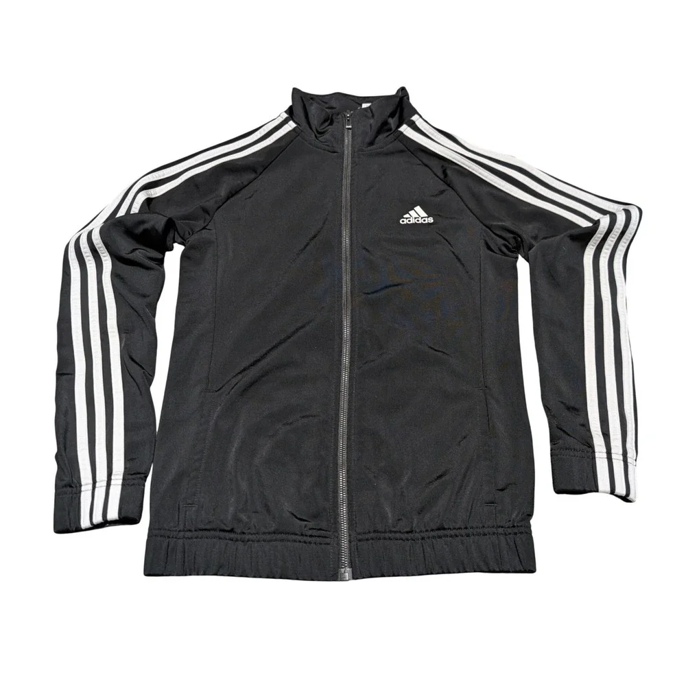 Adidas Track Jacket Women XS Black White 3-Stripe Full Zip Mock Neck Activewear